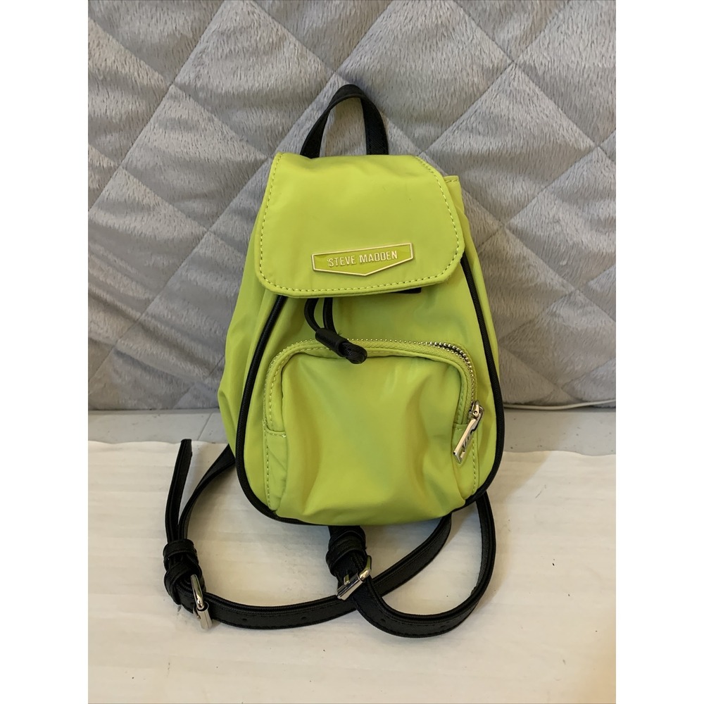 Steve Madden‎ Backpack Purse Neon Green Draw String Black Straps Zipper Mini